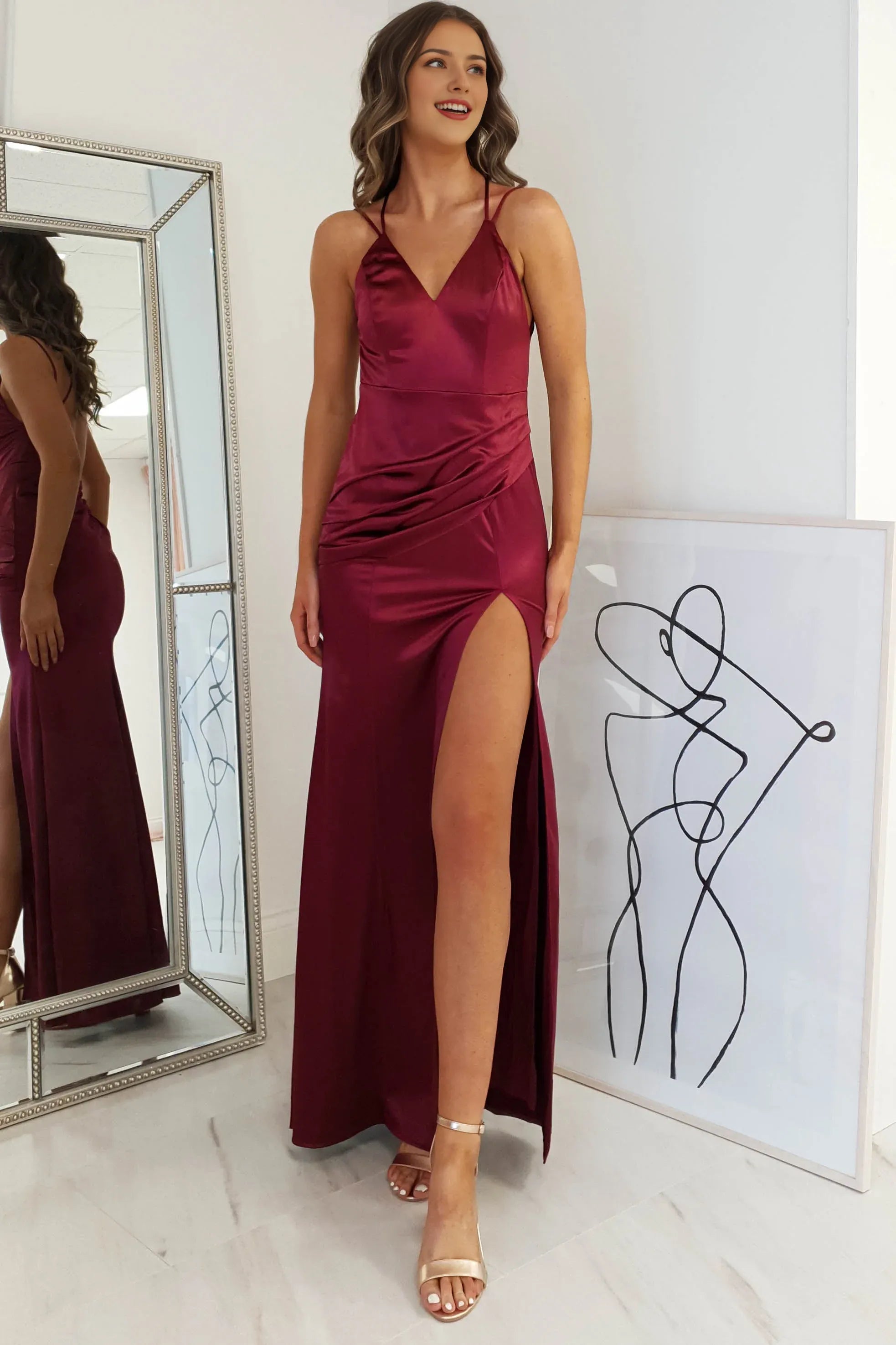 Robe fourreau Weitese, sans manches, bretelles spaghetti, dos nu, satin, sexy, fente latérale, robe de bal